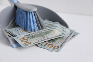 Dustpan with broom and dollar banknotes on white background, closeup