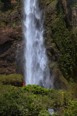 Giant waterfall cascading flow of water surrounded by lush scenery