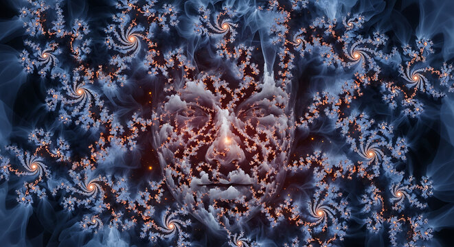 Fractal Face Ethereal Portrait Embedded in Digital Labyrinth of Swirling Light and Shadows