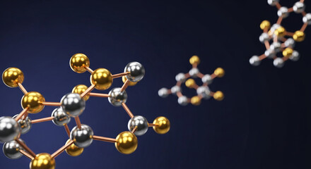 Image of molecular structure with golden and silver spheres connected by brown rods, representing science, research, and technological advancement