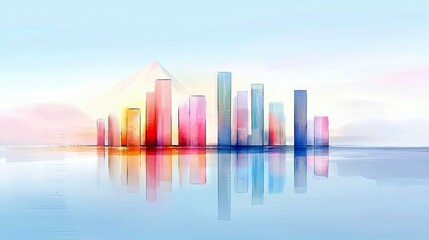 An abstract representation of a cityscape featuring translucent, colorful buildings that appear to be made of glass, with their reflections shimmering on a calm