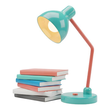 Colorful books under a bright teal desk lamp