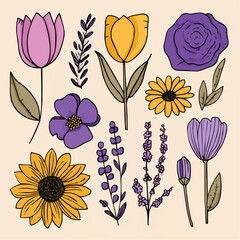 Naiveclipart set of lavender and yellow flowers including tulip, daisy, rose, lavender, chamomile, poppy, sunflower and leaves for wedding invitations and event decor