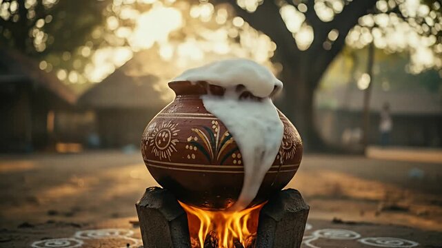 Pongal Preparation in an Outdoor Village Setting with Clay Pot on Wood Fire Stove, Boiling Milk, Rising Steam and Kolam Patterns
