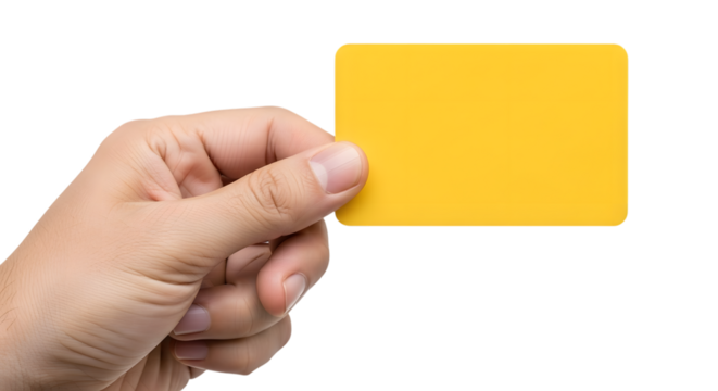 Hand holding a blank yellow rectangular card with rounded corners isolated on a transparent background 1 - Powered by Adobe