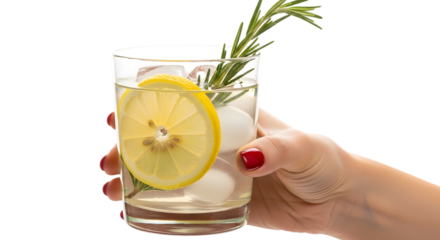 Hand holding a clear glass filled with a pale yellow drink ice cubes and a lemon slice with rosemary sprig isolated on a transparent background
