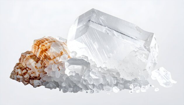 A seashell and crystals alongside a pile of rock salt and a large, translucent crystal
