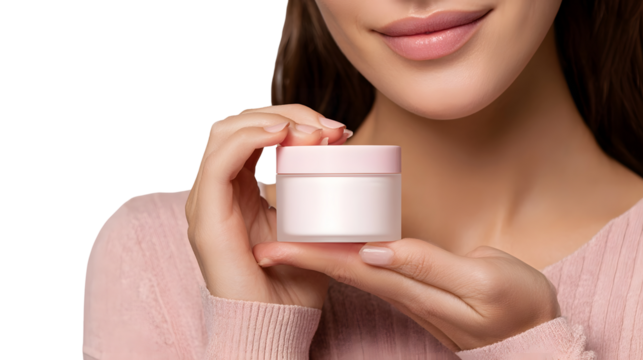 A woman holding a cosmetic jar and smiling  long title A young smiling woman holding a jar of cosmetic or skincare product against a