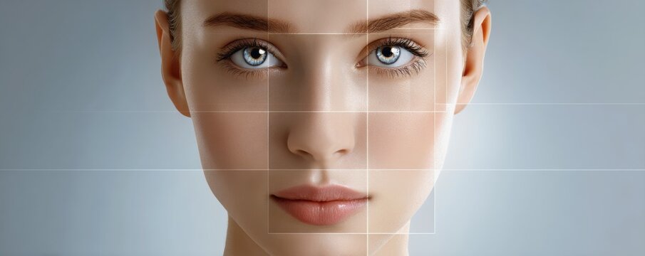 Deepfake Detection AI concept. A close-up of a woman's face with striking blue eyes and smooth skin, featuring a grid overlay for emphasis on facial symmetry.