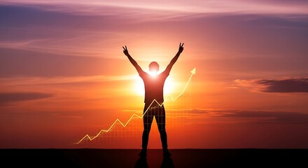 Silhouette of man celebrating success with arms up at sunset time