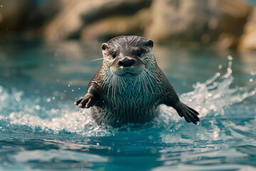 Fototapeta premium A stunning image of a playful otter gracefully gliding through the crystal-clear waters 