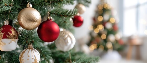 Fototapeta premium A festive Christmas tree sparkles with golden and red ornaments, creating a warm and cheerful atmosphere in a welcoming room