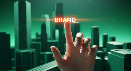 Close-up of a hand touching the word "BRAND" in a city scene, symbolizing business, identity, or interaction with a corporation