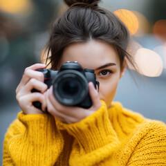 Junge Frau mit Kamera in gelbem Pullover fotografiert konzentriert