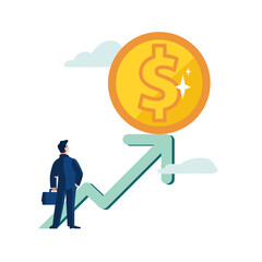 Business. Financial expert analyzing financial market growth. Green arrow up on it gold dollar coin, money growth. Concept of investment, businessman, people. Profit growth, banner Vector illustration