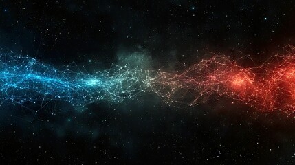 A glowing, interconnected network of blue and red lights stretches across a dark, star-filled cosmic background.