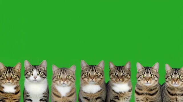 Seven tabby cats with different markings and expressions standing side by side against a solid green background.