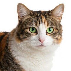 Calico cat face close up portrait isolated on transparent background