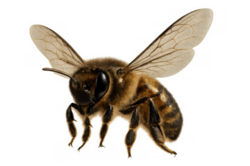 Honey bee flying, a key pollinator insect. Transparent background making it suitable for various design projects