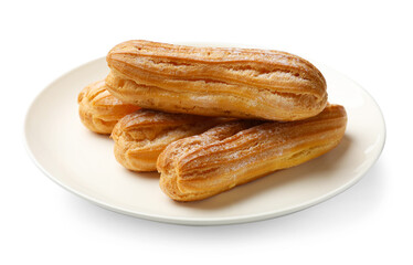 Tasty eclairs with powdered sugar isolated on white