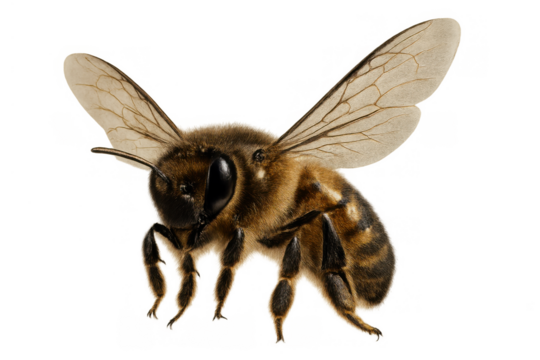 Honey bee flying, a key pollinator insect. Transparent background making it suitable for various design projects