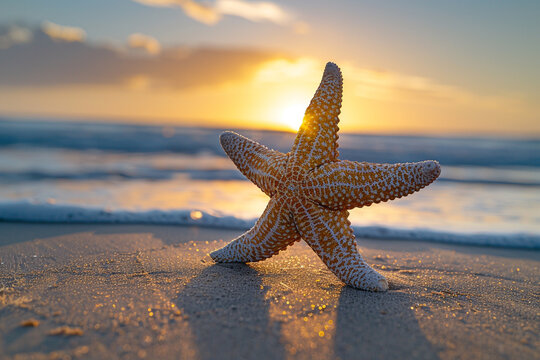 A stunning sunset over the ocean illuminates a solitary starfish on the sandy shore, showcasing the beauty and wonder of the vast array of marine invertebrates in our world    
