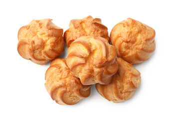 Fresh tasty profiteroles isolated on white, top view