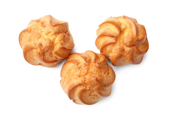 Fresh tasty profiteroles isolated on white, top view