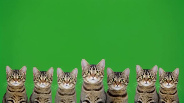 Seven tabby cats with similar markings and expressions standing side by side against a solid green background.