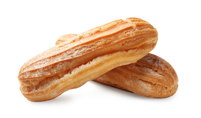 Tasty eclairs with powdered sugar isolated on white