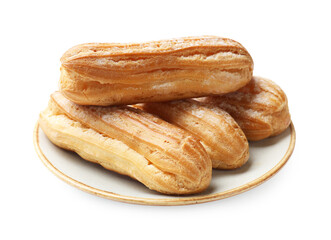 Tasty eclairs with powdered sugar isolated on white