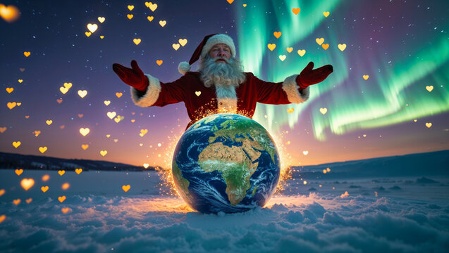 AI-generated image of Santa Claus spreading the love of the Christmas spirit around the globe