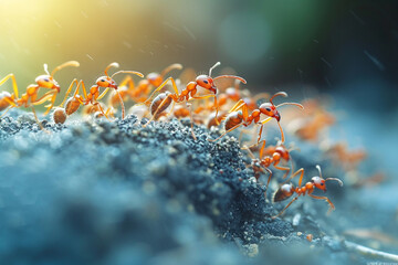 A team of industrious ants marching in perfect formation on a mound of earth, showcasing unity, coordination, and the wonders of the natural world   