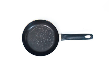 Used non-stick frying pan with a black handle isolated on white background