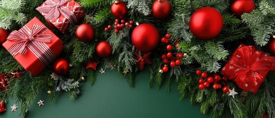 Decorative items for a celebration include shiny silver gifts, ornaments, and lush greenery arranged on a vibrant green surface