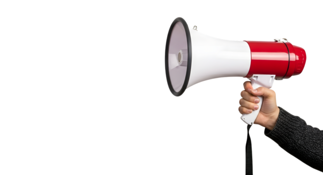 Hand holding a red and white portable megaphone with a black strap and dark sweater sleeve isolated on a transparent background - Powered by Adobe