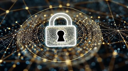 Digital representation of a secure padlock symbolizing cybersecurity amidst a network of connections - Powered by Adobe