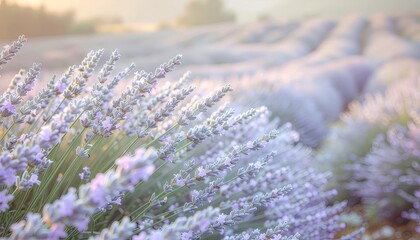 Soft Focus Lavender Field at Sunrise with Hazy Golden Light and Rows of Purple Blooms