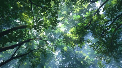 Fototapeta premium Above, a vast canopy of leaves, sunlight filtering through the gaps 