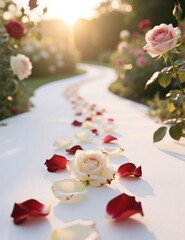 Fototapeta premium Romantic wedding aisle with roses and petals in soft sunset light. Elegant floral decoration for ceremony.