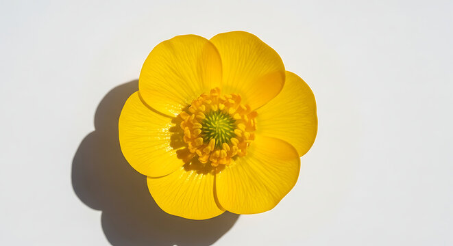 Close-up shot of a vibrant yellow buttercup flower with detailed petals and a green center.