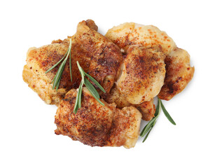 Tasty roasted chicken thighs with rosemary isolated on white, top view
