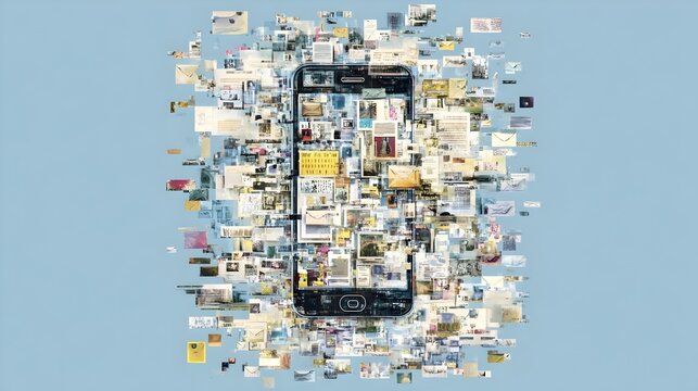 Mobile phone overwhelmed with massive incoming data streams. Concept: information overload, digital communication, smartphone data flow, modern technology pressure, tech visualization.