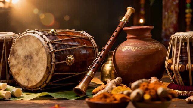 Pongal Musical Instruments in a Festival Scene with Mridangam, Thavil, Nadaswaram, and Talam Amid Sugarcane and Clay Pots