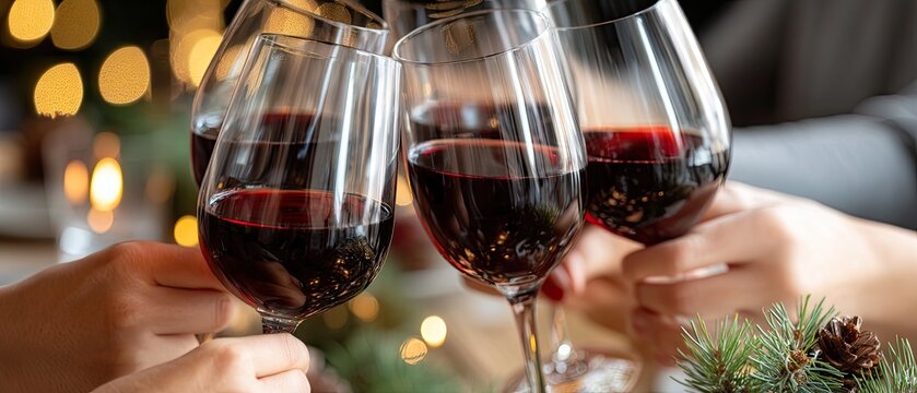 Family members toast with glasses filled with beverages while enjoying a festive meal together near a decorated tree
