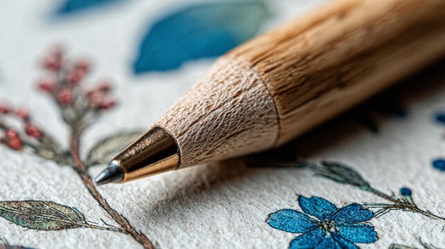 Close-up of wooden pencil drawing detailed blue floral patterns on white paper