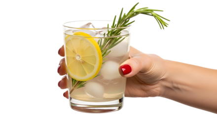 Hand holding a refreshing drink with lemon slice and rosemary sprig isolated on a transparent background