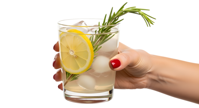 Hand holding a refreshing drink with lemon slice and rosemary sprig isolated on a transparent background