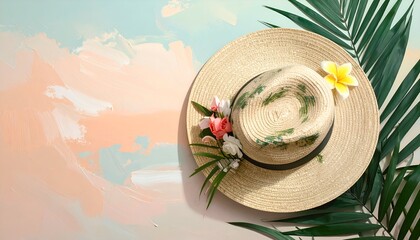 A straw hat adorned with flowers and palm fronds against an abstract painted background