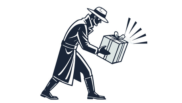 Mysterious Man in Trench Coat Holding Glowing Gift Box Vector Silhouette, A black and white line art illustration of a mysterious man in a trench coat and hat holding a gift box that is emitting light